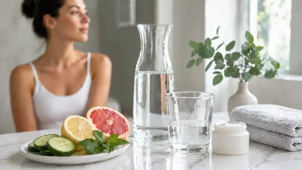 Pohár vody, citrusy a starostlivosť o pleť ako súčasť hydratácie pokožky zvnútra aj zvonka