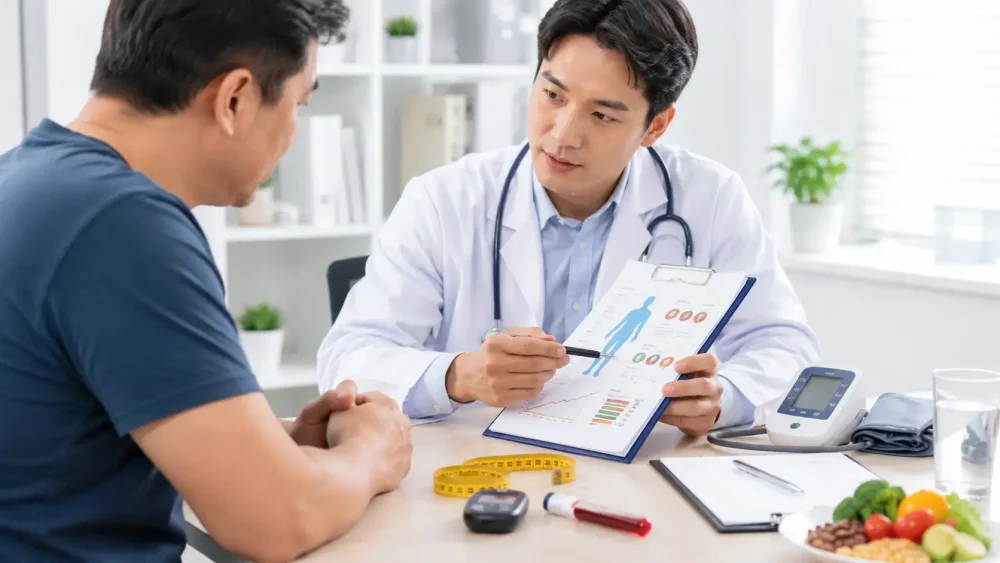 Lékařská konzultace výsledků krevního tlaku, glykémie a obvodu pasu při metabolickém syndromu