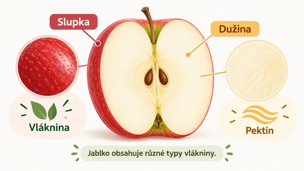 Schéma jablka se slupkou a dužinou s vysvětlením vlákniny a pektinu