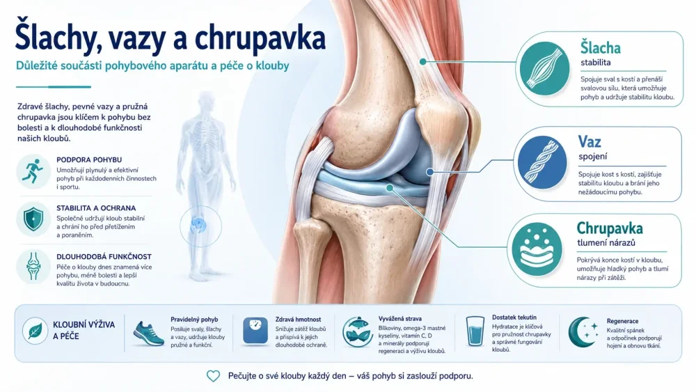 Infografika znázorňující šlachy, vazy a chrupavku v kolenním kloubu jako důležité součásti pohybového aparátu a péče o klouby.