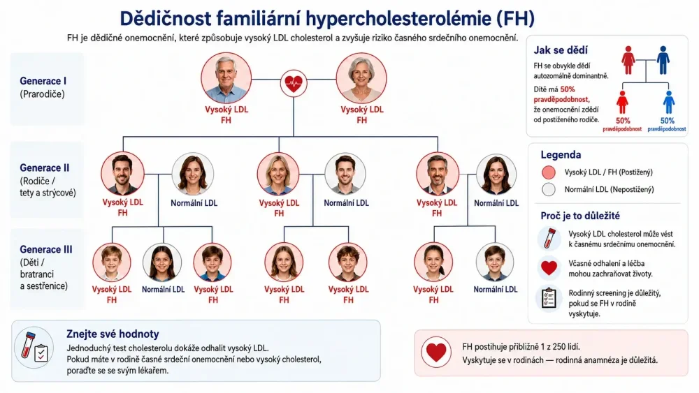 Rodokmen znázorňující dědičnost familiární hypercholesterolémie a vysokého LDL cholesterolu