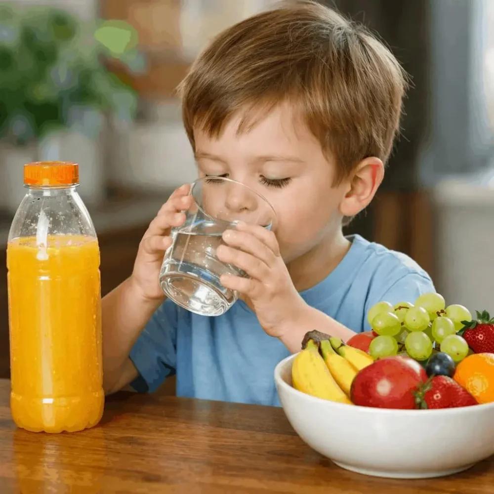 Dítě pije vodu jako součást pitného režimu