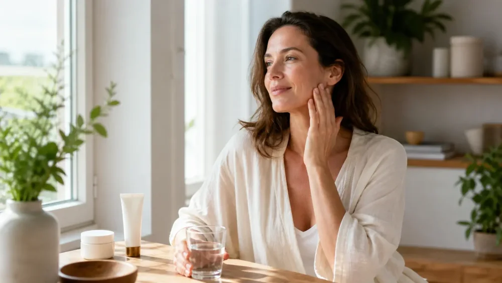 Žena pri okne s vodou a skincare produktmi ako symbol komplexnej beauty rutiny s kolagénom na pokožku.