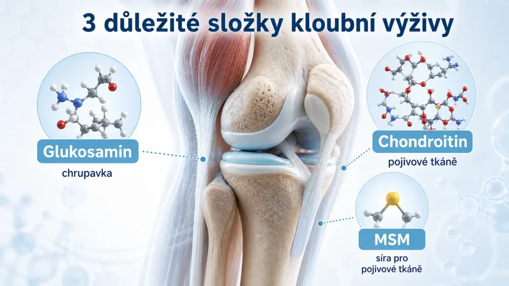 Infografika ukazuje tri dôležité zložky kĺbovej výživy – glukozamín, chondroitín a MSM – vo vzťahu ku kolennému kĺbu, chrupavke a spojivovým tkanivám.