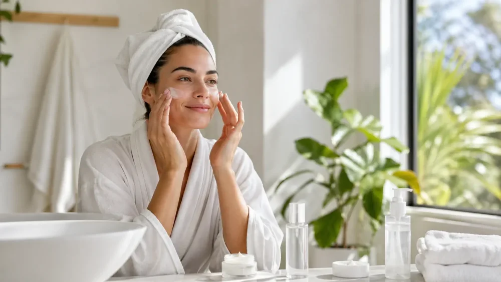 Žena po sprše nanáší hydratační péči na pleť jako součást lehké letní skincare rutiny