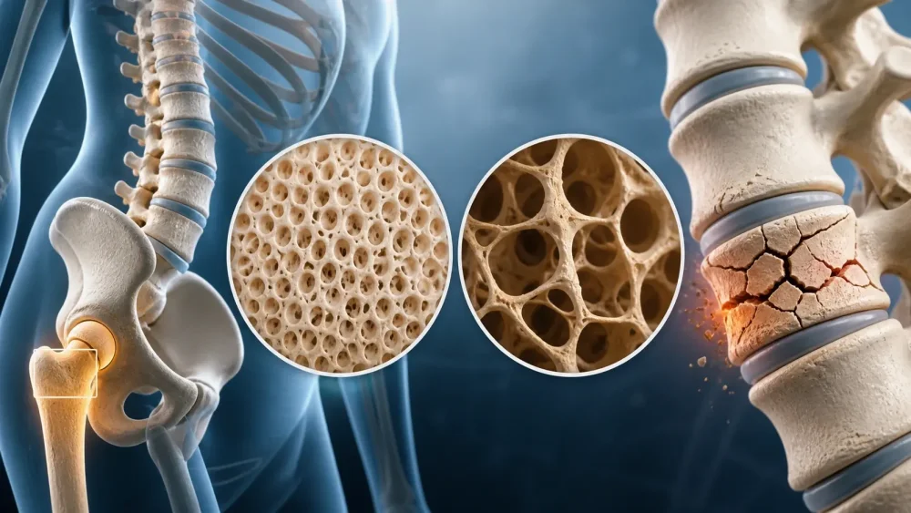 Medicínska ilustrácia porovnáva zdravé a rednúce kostné tkanivo a ukazuje zvýšené riziko zlomenín pri osteoporóze.