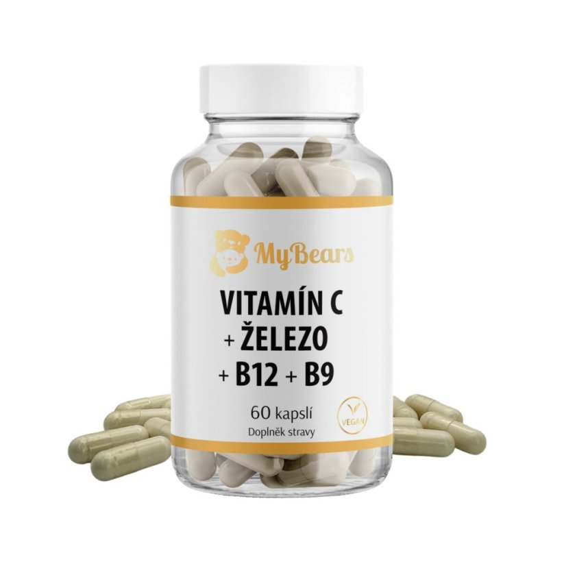 Vitamín C + Železo + B12 + B9 (kyselina listová) - 60 kapslí