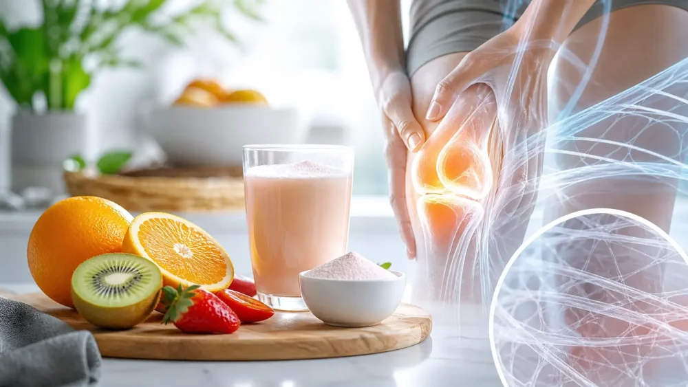 Kolagenový nápoj s ovocem bohatým na vitamín C a znázorněním kolenního kloubu jako podpora normální tvorby kolagenu.
