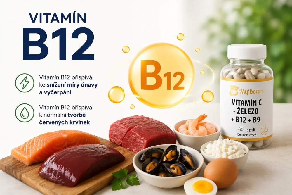 Potraviny s vitamínom B12 a výživový doplnok MyBears