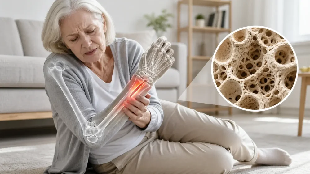 Staršia žena si drží poranené zápästie, röntgenový prekryv ukazuje zlomeninu súvisiacu s osteoporózou.