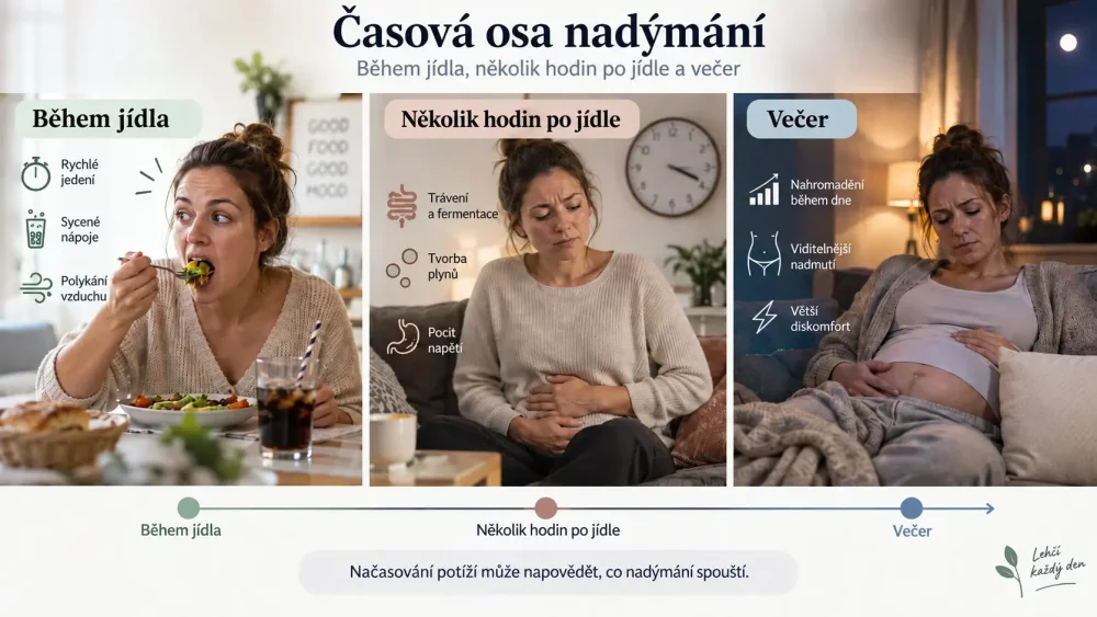 Časová osa nadýmání během jídla, několik hodin po jídle a večer
