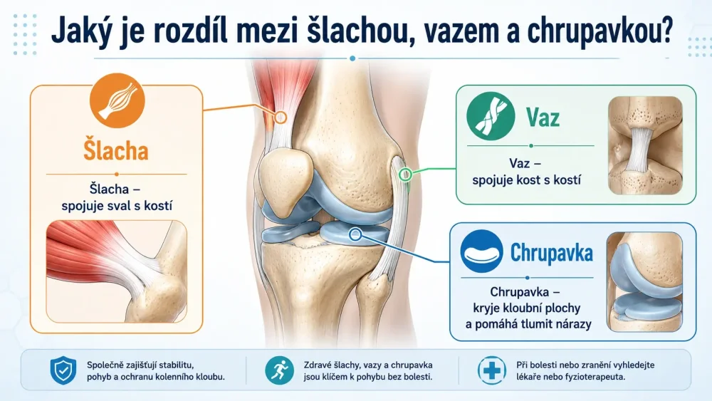 Přehledná infografika vysvětlující rozdíl mezi šlachou, vazem a chrupavkou v kloubu včetně jejich funkce a umístění.