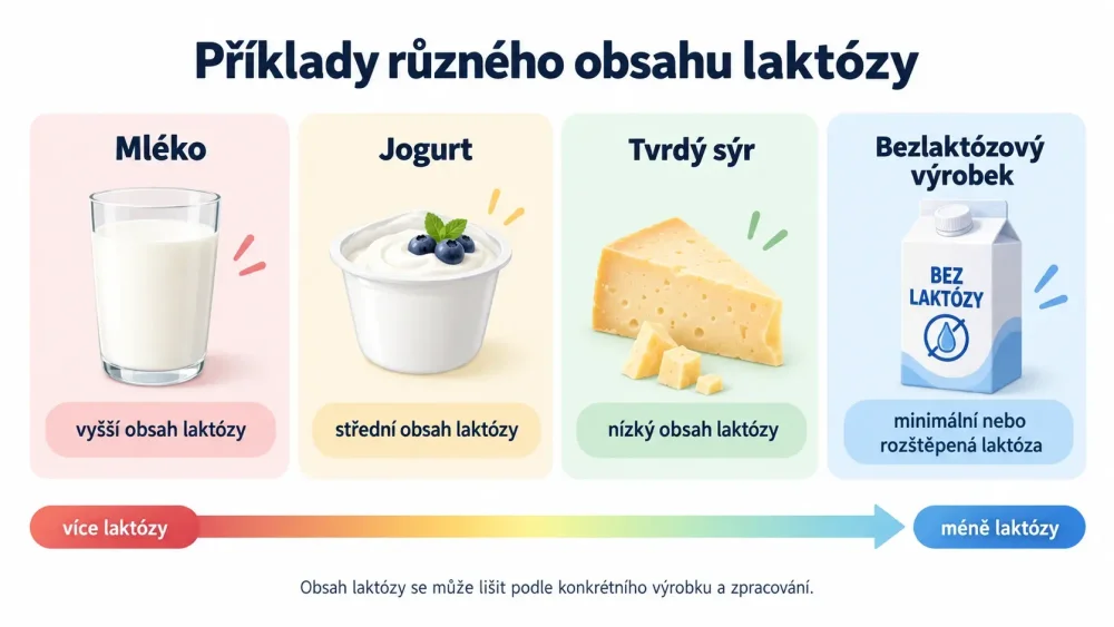 Mléko, jogurt, tvrdý sýr a bezlaktózový výrobek jako příklady různého obsahu laktózy