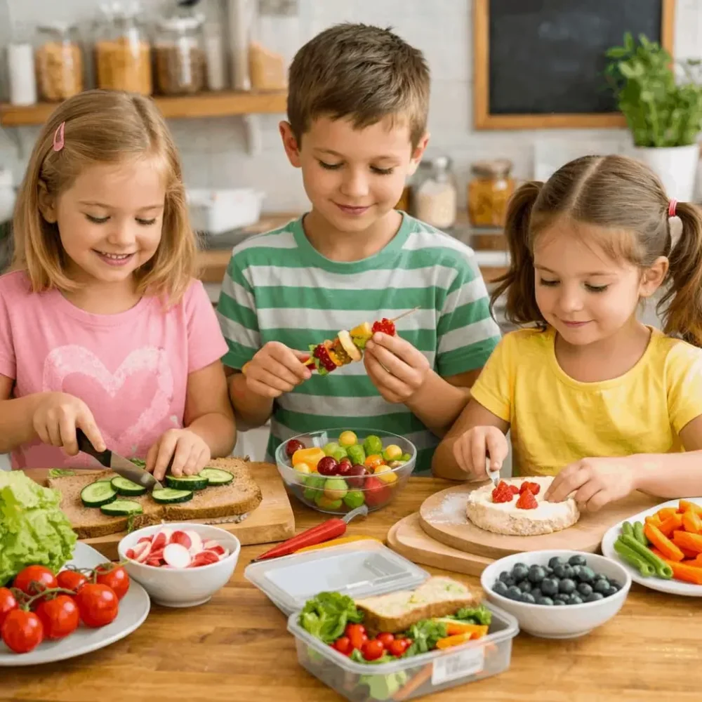 Děti chystají zdravou svačinu s ovocem a zeleninou