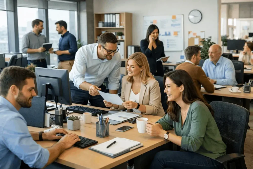 Kancelárska práca v otvorenom office priestore pri počítačoch