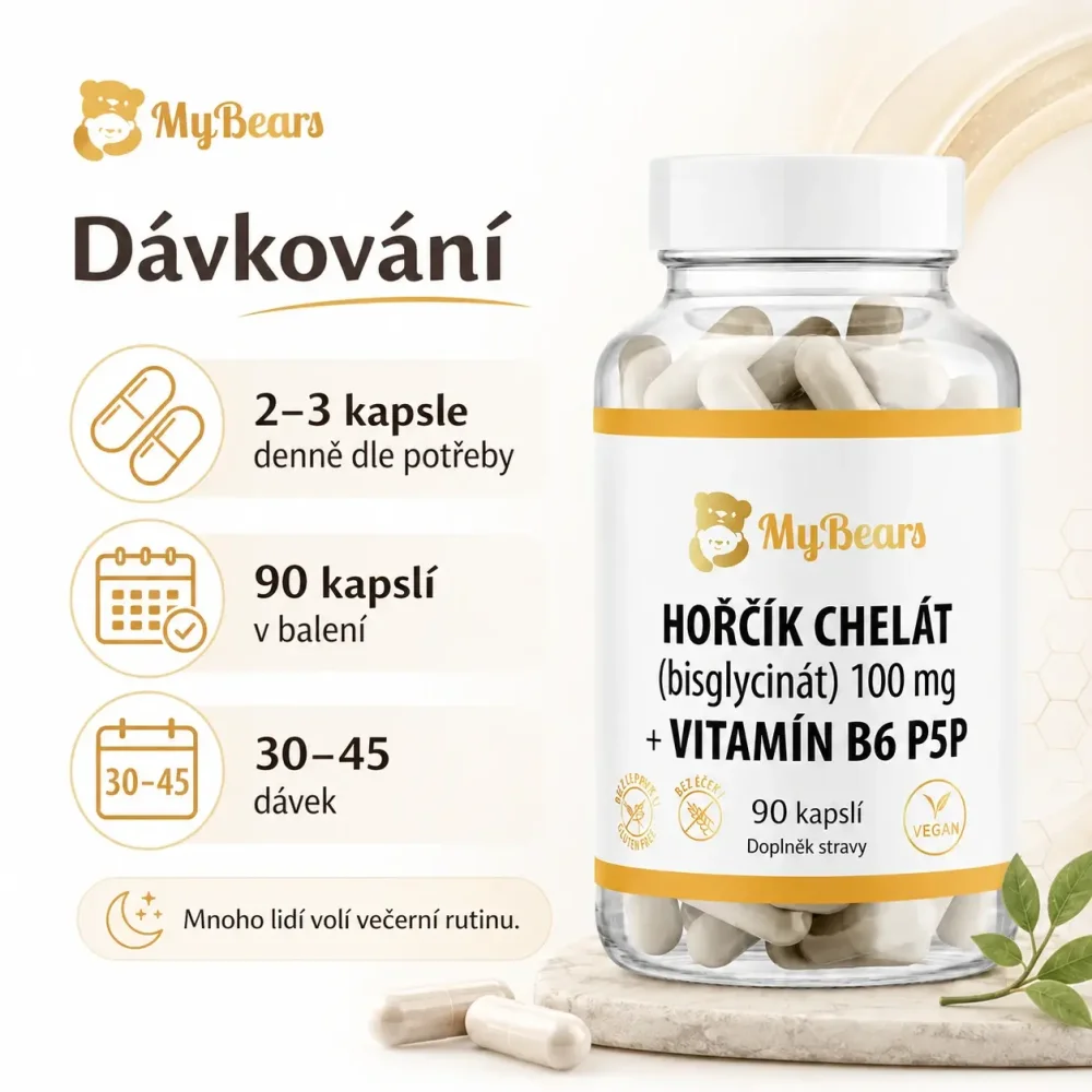 Dávkování hořčíku bisglycinátu MyBears dvě až tři kapsle denně