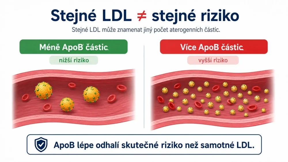 Dvě krevní hodnoty se stejným LDL cholesterolem, ale odlišným počtem aterogenních ApoB částic
