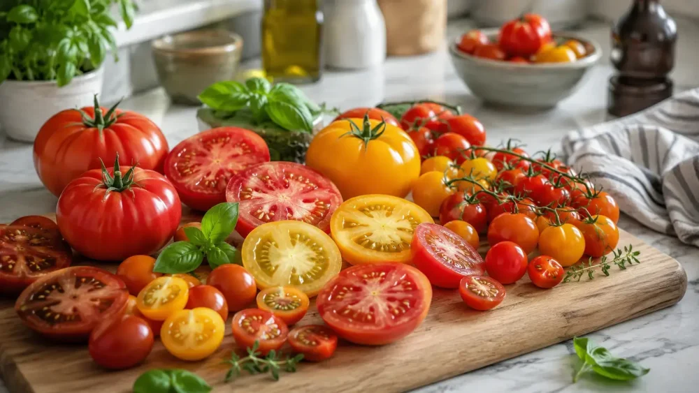 Červená, žlutá a cherry rajčata připravená ke konzumaci
