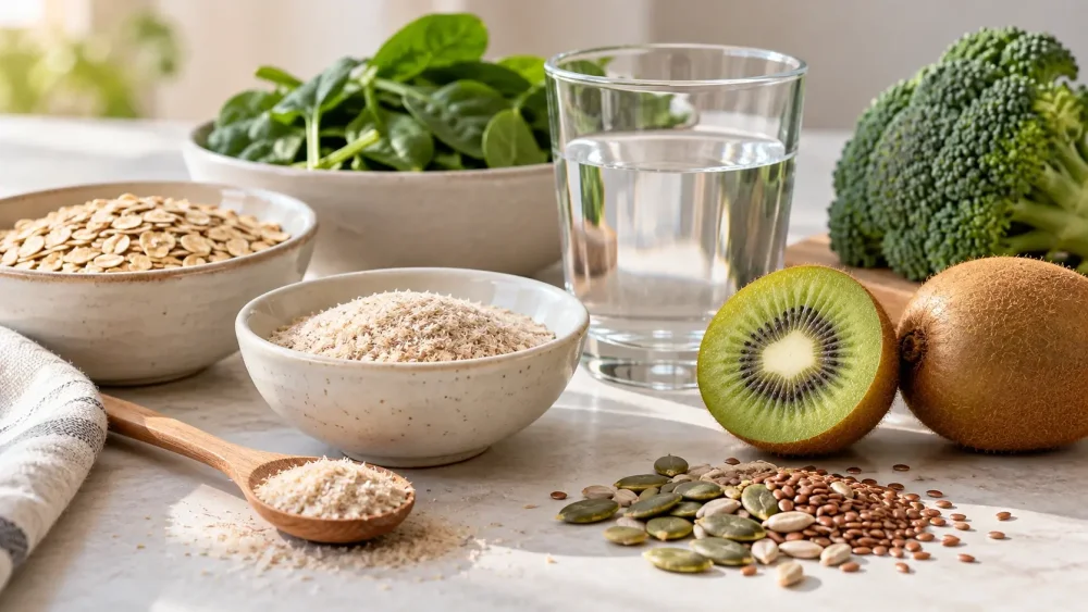 Potraviny bohaté na vlákninu, psyllium, kiwi a pohár vody pri zápche