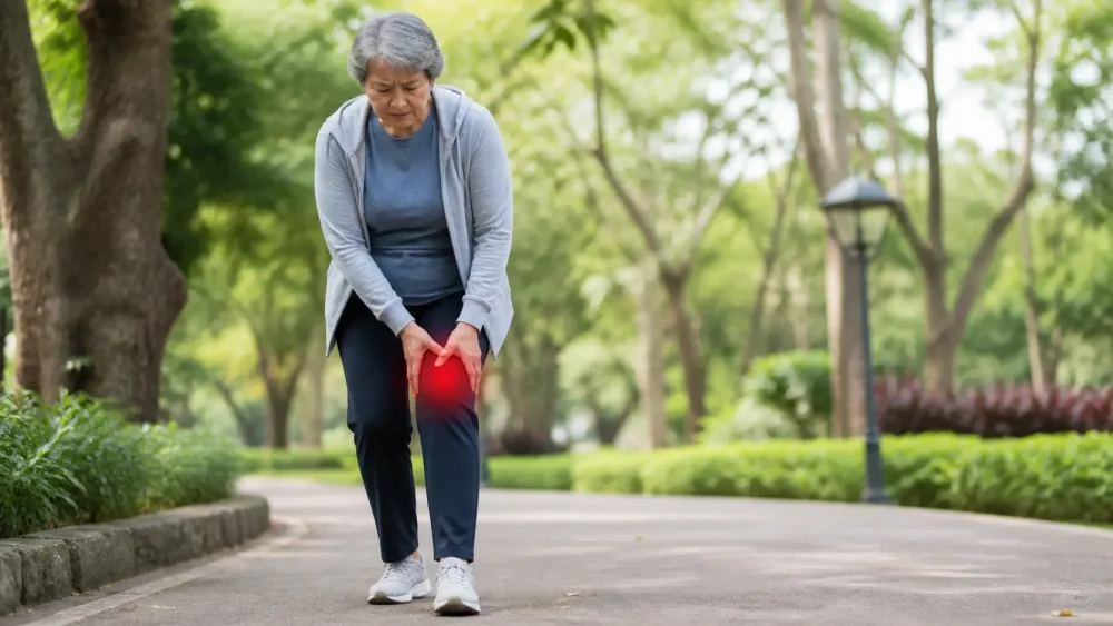Starší žena při chůzi drží bolestivé koleno, které symbolizuje omezení pohybu při osteoartróze.