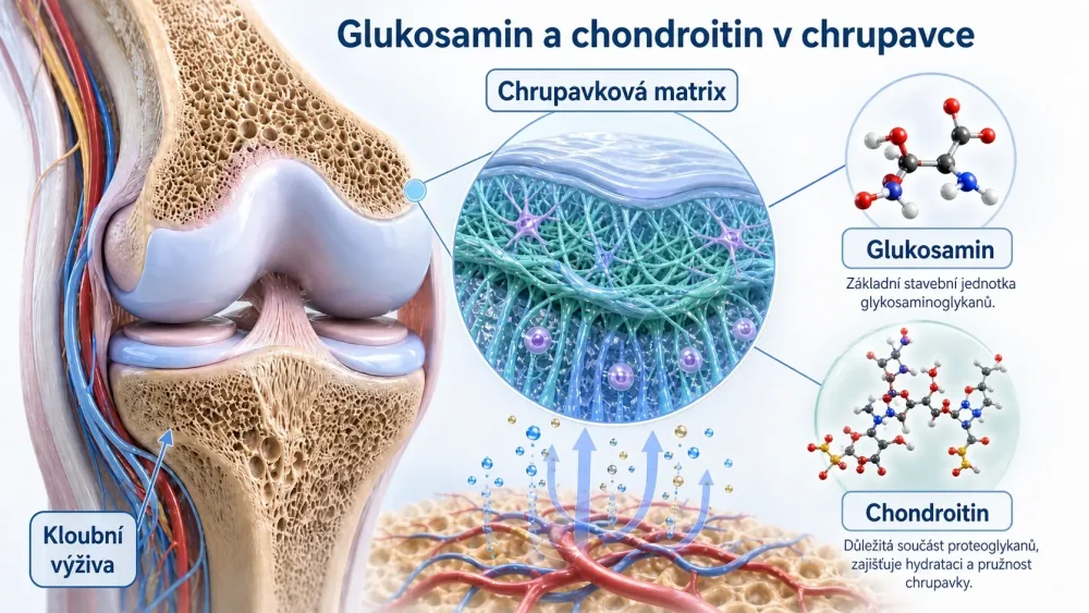 Medicínska infografika znázorňuje glukosamín a chondroitín v chrupavkovej matrix kolenného kĺbu a ich súvislosť s kĺbovou výživou.