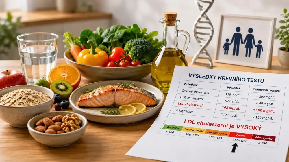 Zdravý jídelníček a laboratorní výsledek s vysokým LDL cholesterolem jako znázornění genetických příčin