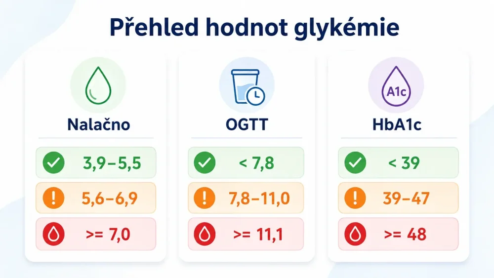 Orientační hodnoty glykémie nalačno, OGTT a HbA1c