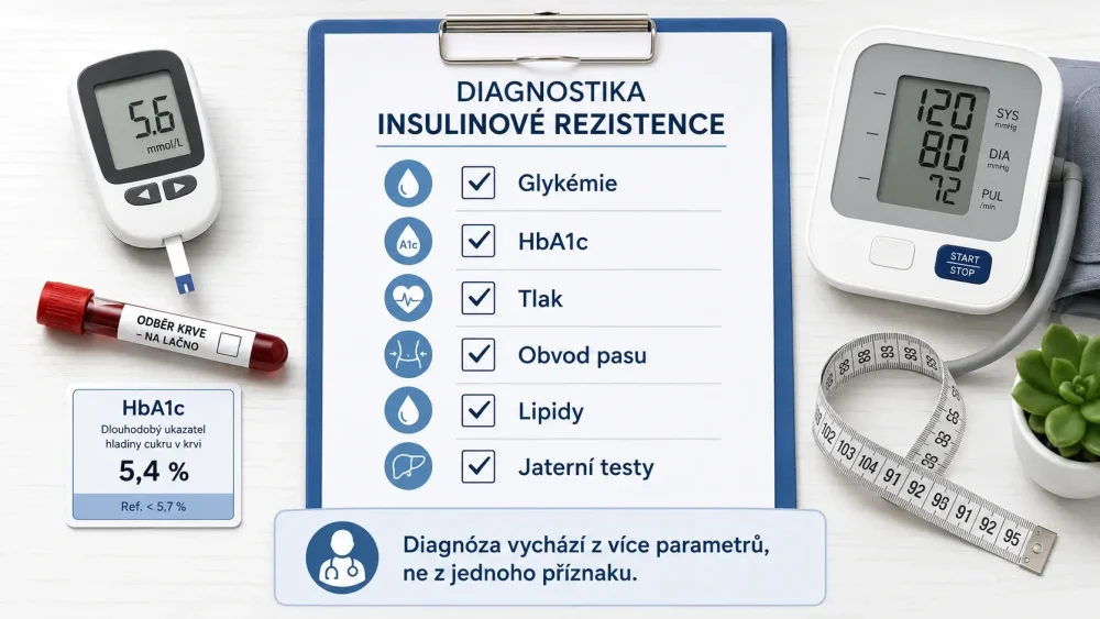 Prehľad vyšetrení pri diagnostike inzulínovej rezistencie vrátane glykémie, HbA1c, krvného tlaku, obvodu pása, lipidov a pečeňových testov
