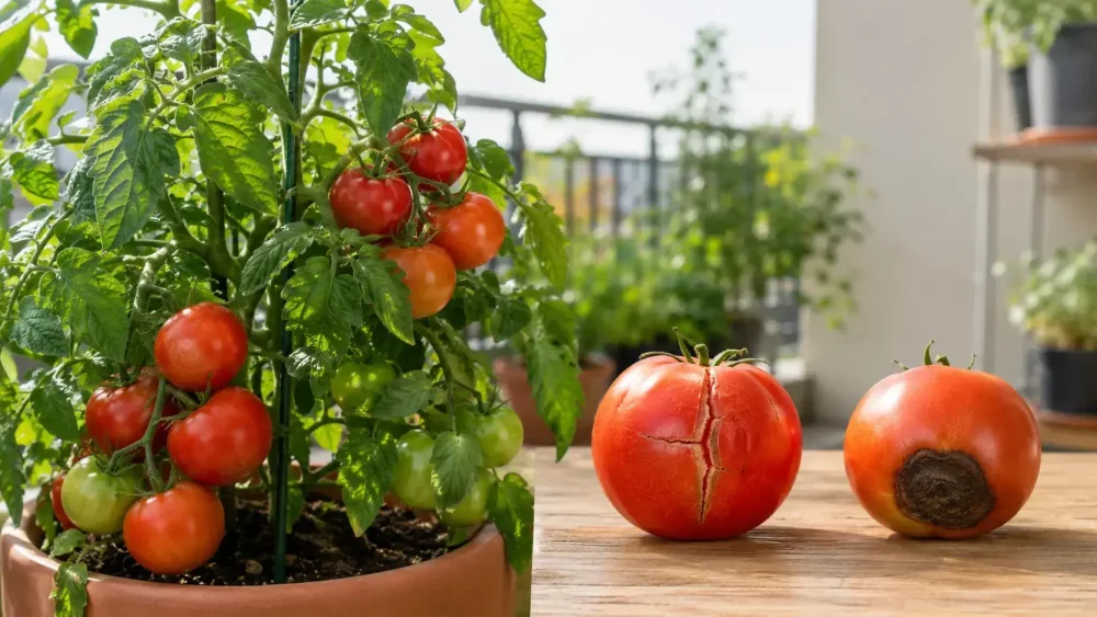 Zdravá balkónová paradajka vedľa plodu s prasklinou a plodu so suchou hnilobou špičky