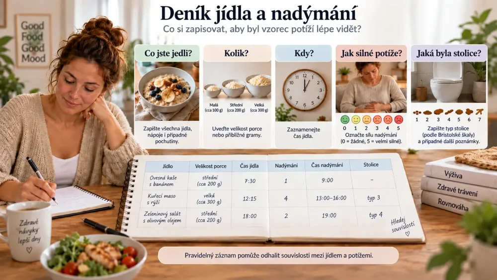 Deník jídla, velikosti porcí, času nadýmání a stolice