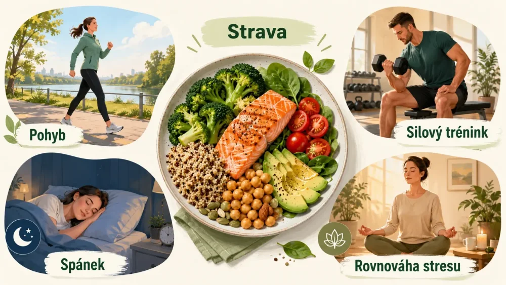Infografika znázorňujúca stravu, pohyb, silový tréning, spánok a rovnováhu stresu ako súčasť zlepšenia citlivosti na inzulín