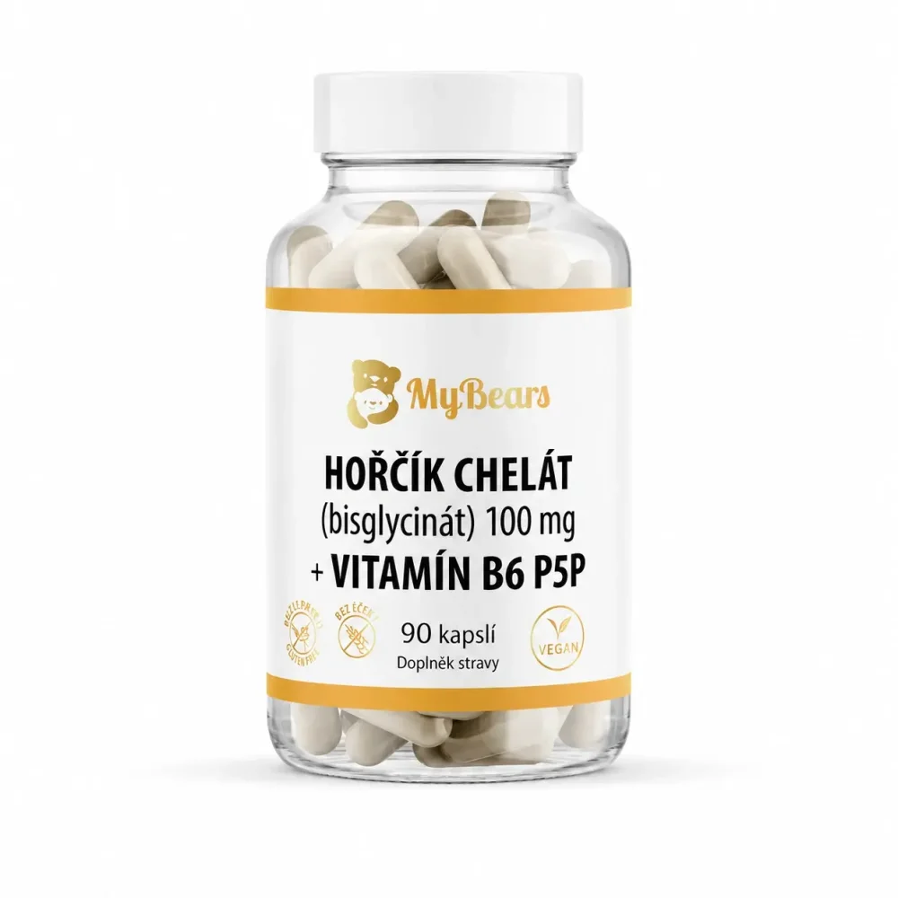 Levně Hořčík chelát bisglycinát 100 mg + B6 P5P – nervy, svaly a únava, 90 kapslí | MyBears