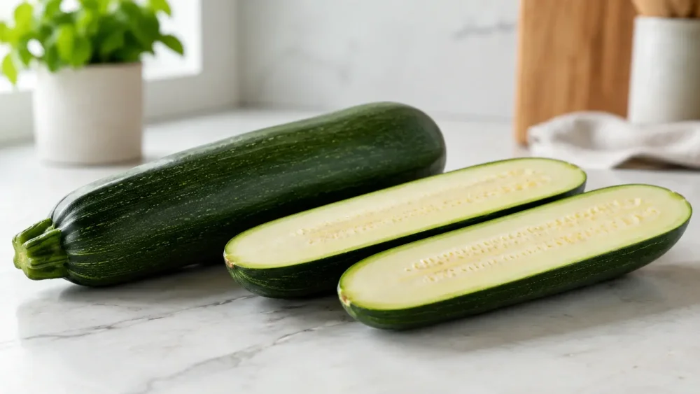 Čerstvá zelená cuketa rozkrojená vedle přehledu nutričních hodnot