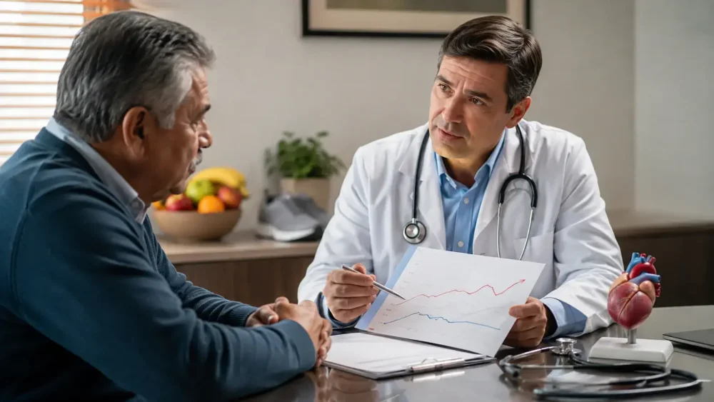 Lékař vysvětluje pacientovi výsledky cholesterolu a další postup při vysokém LDL