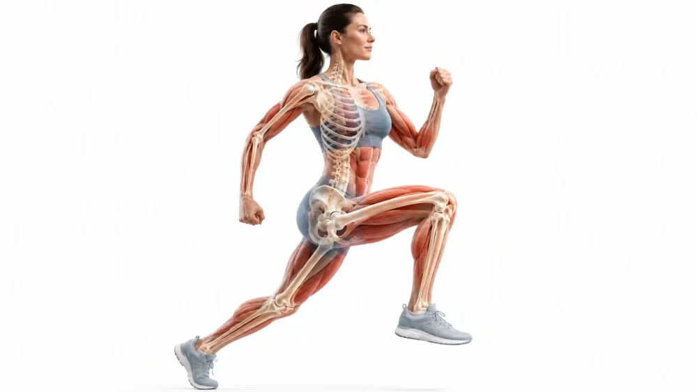 Anatomické znázornění svalové hmoty a kostní opory jako základu stabilního a funkčního pohybového aparátu.