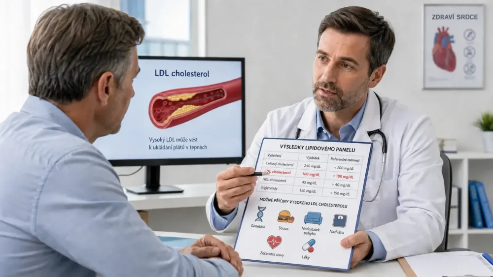 Lékař vysvětluje pacientovi laboratorní výsledky a možné příčiny vysokého LDL cholesterolu