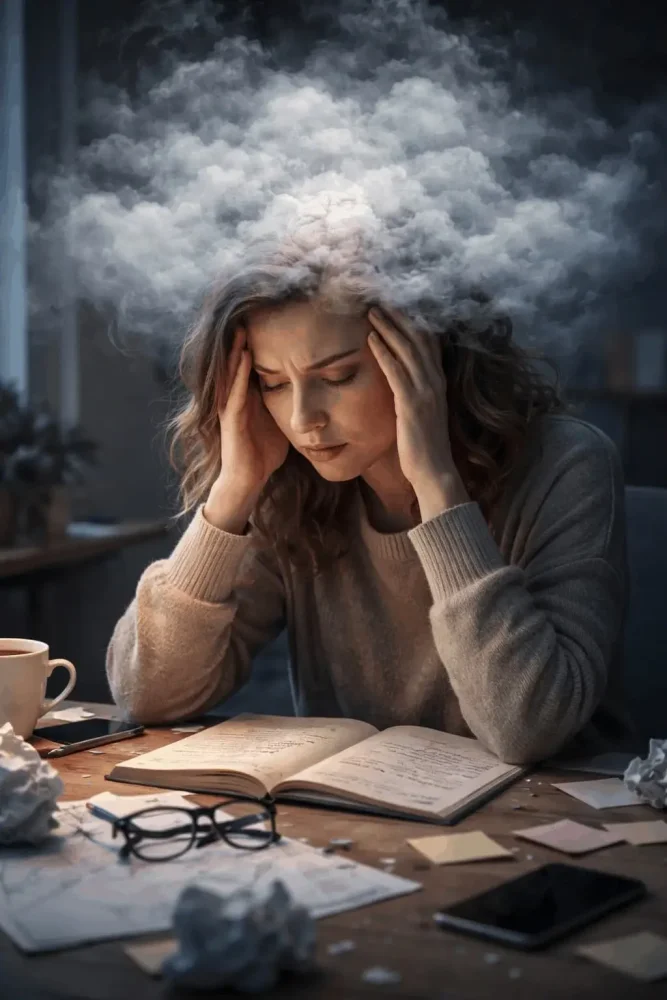 Žena s problémem se soustředěním a příznaky mozkové mlhy