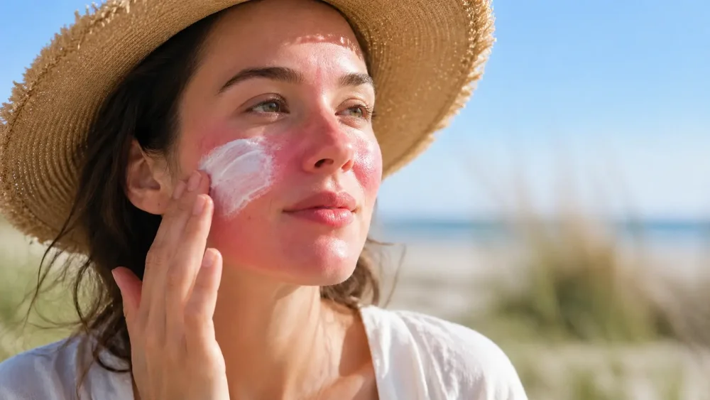 Žena s citlivou zarudlou pokožkou nanáší ochranný SPF krém na tvář u moře