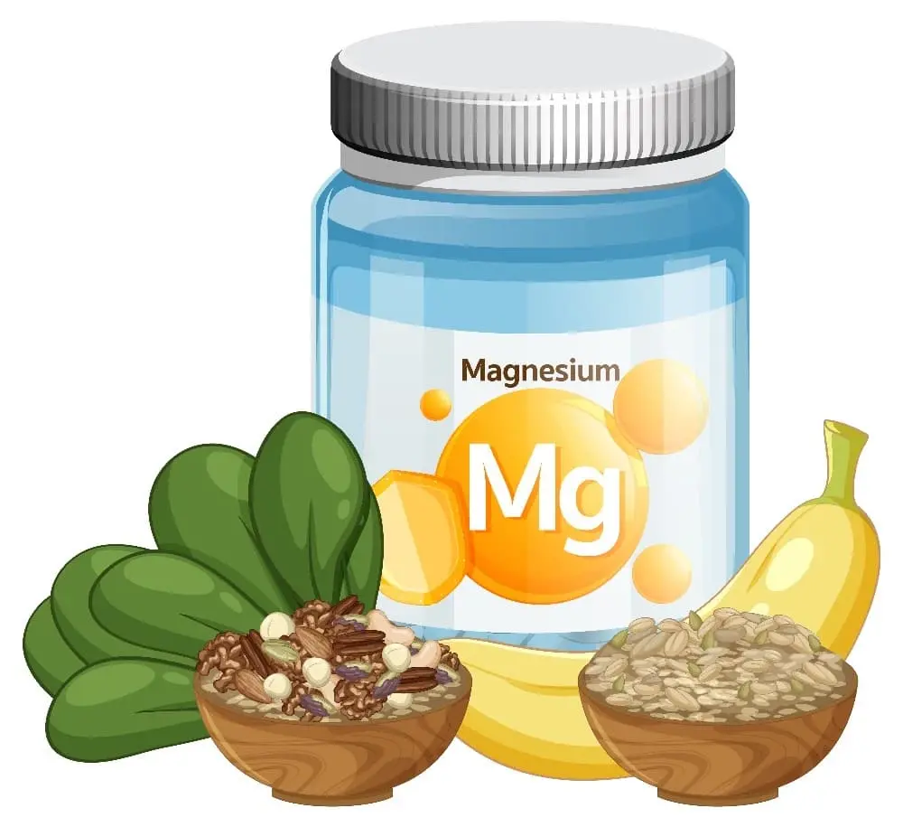 Modrá lahvička Magnesium Mg vedle nakreslených zelených listů špenátu