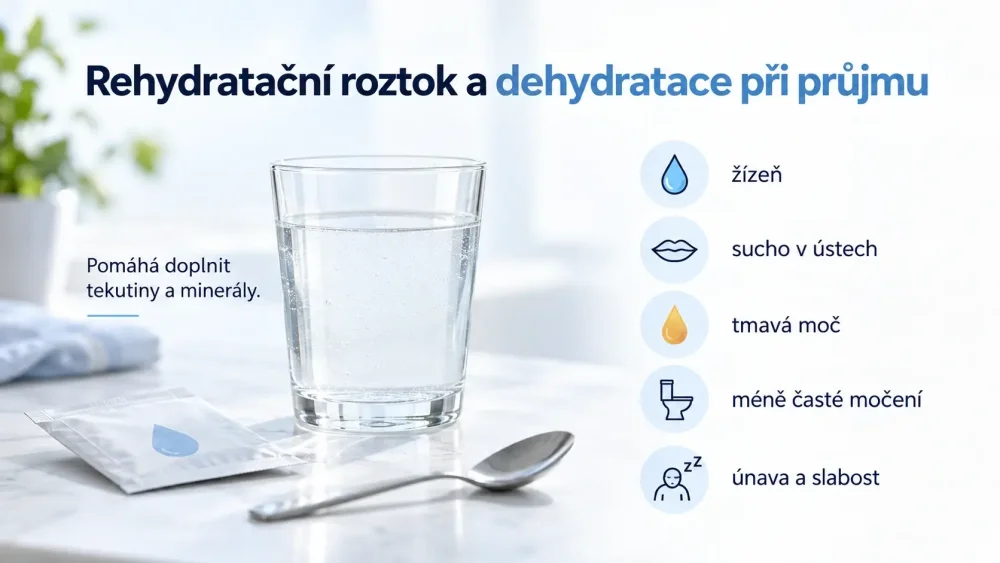 Pohár rehydratačného roztoku a prehľad príznakov dehydratácie pri hnačke