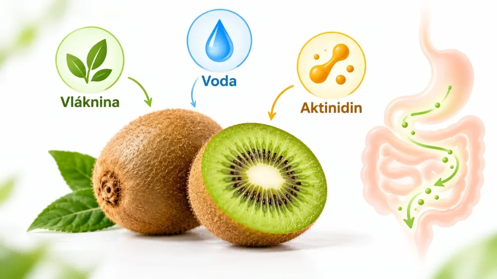 Zelené kiwi so schémou vlákniny, vody a enzýmu aktinidínu v trávení