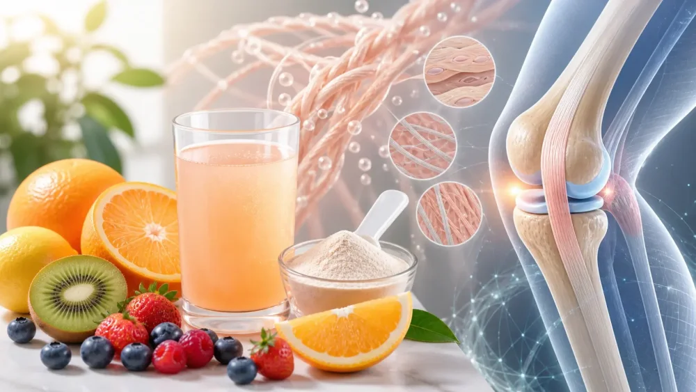 Pohár s kolagénovým nápojom, kolagénový prášok a ovocie bohaté na vitamín C vedľa ilustrácie kolenného kĺbu a spojivových tkanív.